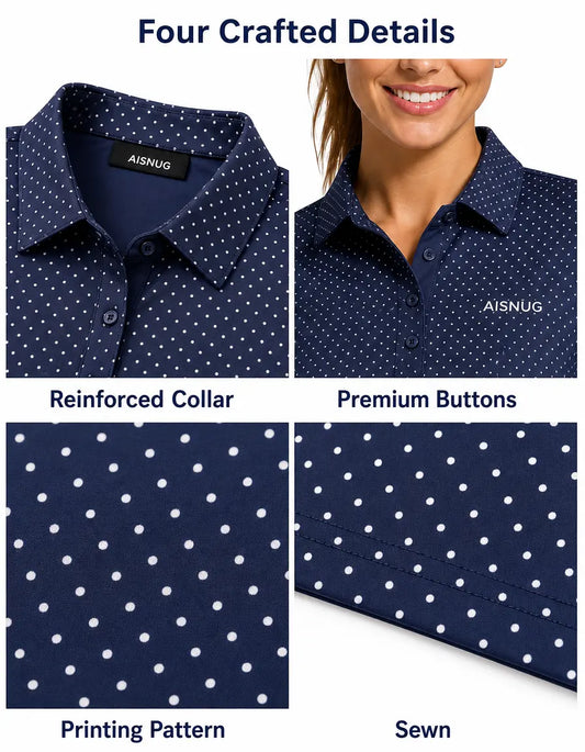 Classic Micro-Dot Print women’s polo collar, placket, print and seam details