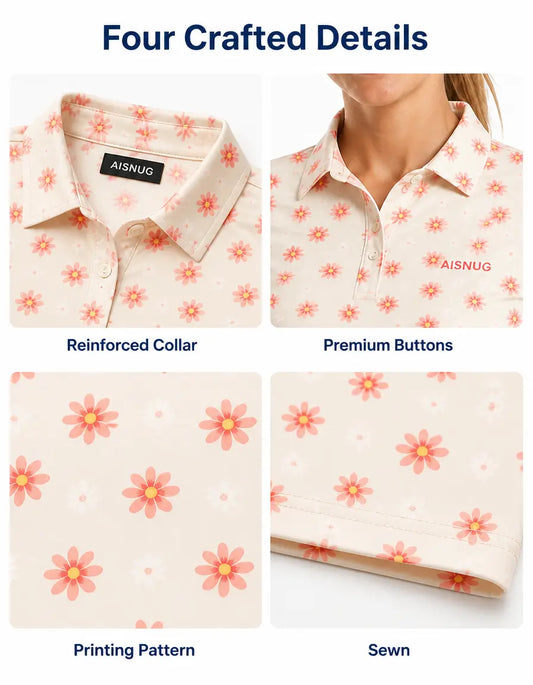 Coral Daisy Print women’s polo collar, placket, print and seam details