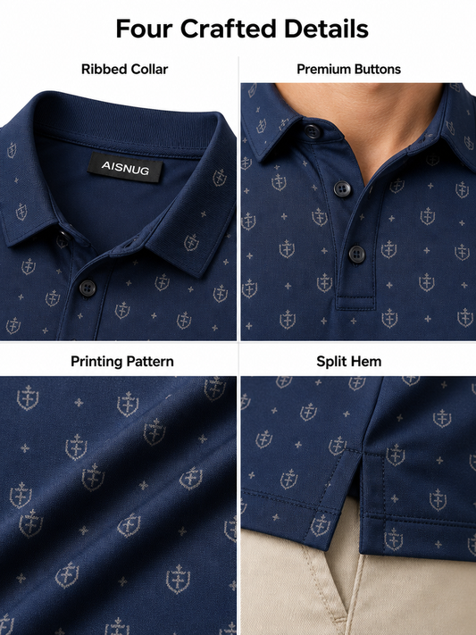 Navy Refined Mini Crest Print polo collar, buttons, print and hem detail references