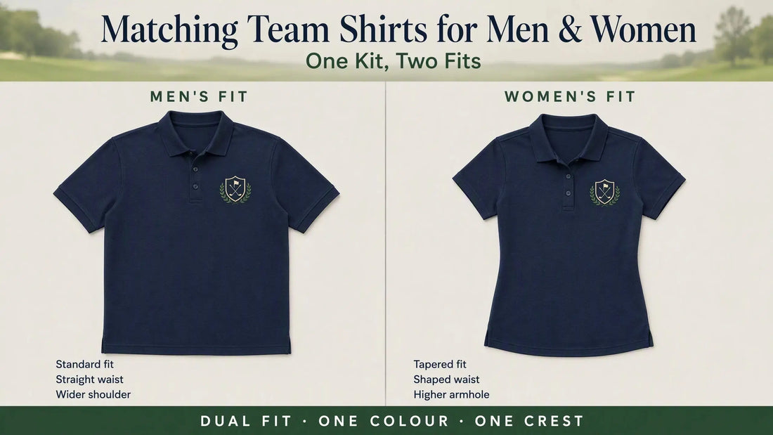 Navy golf team polo shirts shown side by side: the men's fit with a straight waist and wider shoulders, and the women's fit with a shaped waist and higher armhole, both carrying the same crest.