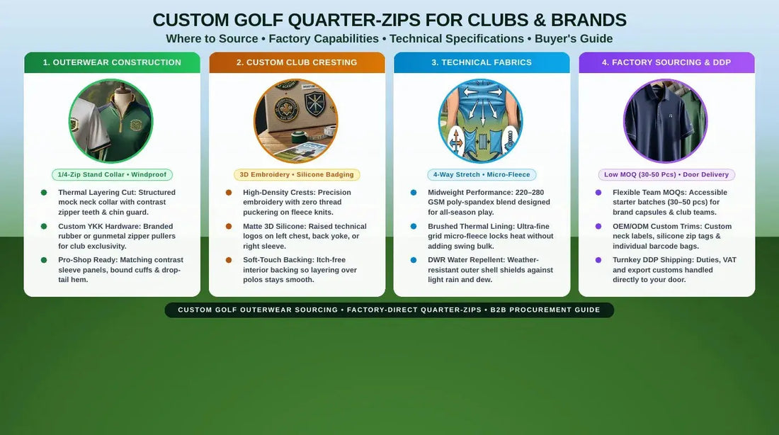 Custom golf quarter-zips for clubs and brands, factory capabilities
