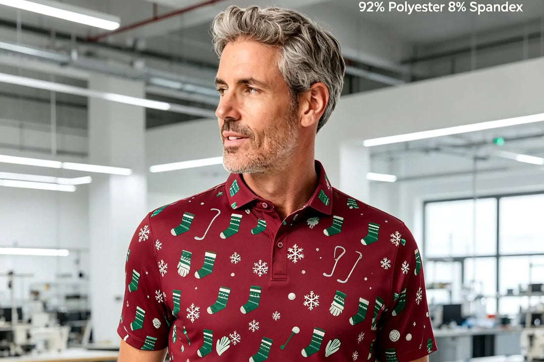AISNUG custom golf polo in burgundy Christmas golf pattern