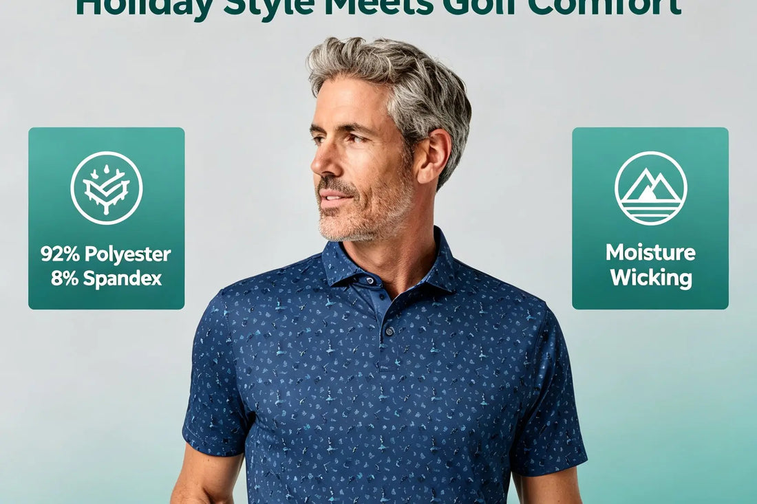 AISNUG navy golf polo with tonal holiday pattern, performance fabric