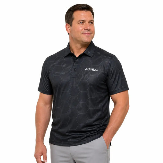 Charcoal golf polo with a tonal black hexagon grid print