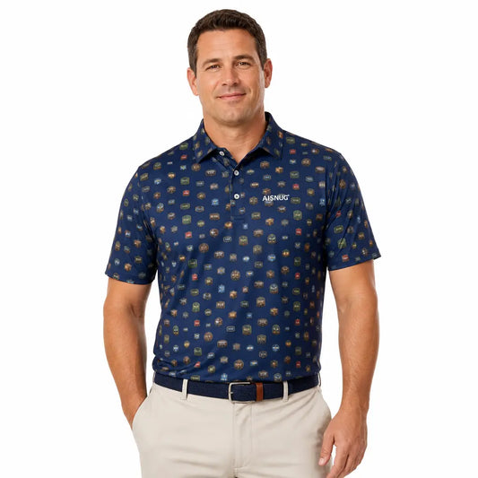 Navy golf polo with a small multicolour golf bag and crest motif print
