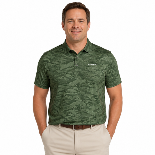 Green golf polo in a digital pixel camo print