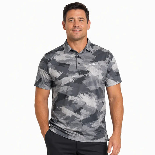 Grey golf polo with a charcoal brushstroke camo print