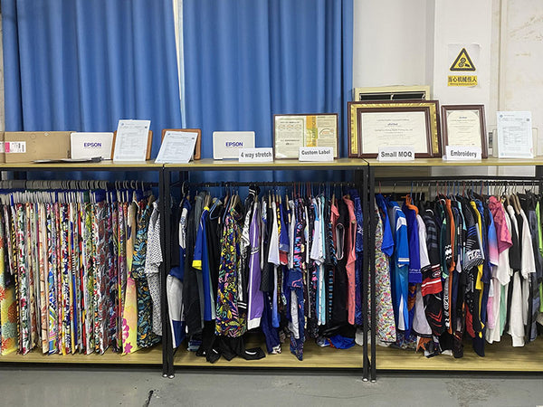 Golf apparel samples hanging on showroom racks