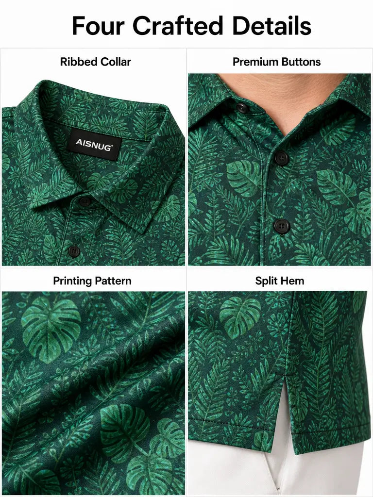 Emerald Botanical Rainforest golf polo: collar, placket, print and hem details