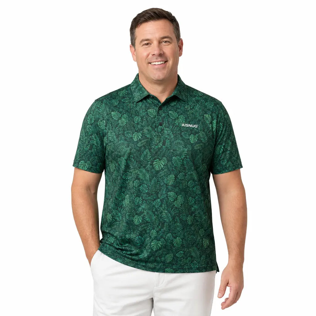 Dense small-scale green leaves on a dark green ground, shown as a short-sleeve men’s polo