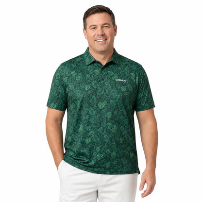 Dense small-scale green leaves on a dark green ground, shown as a short-sleeve men’s polo