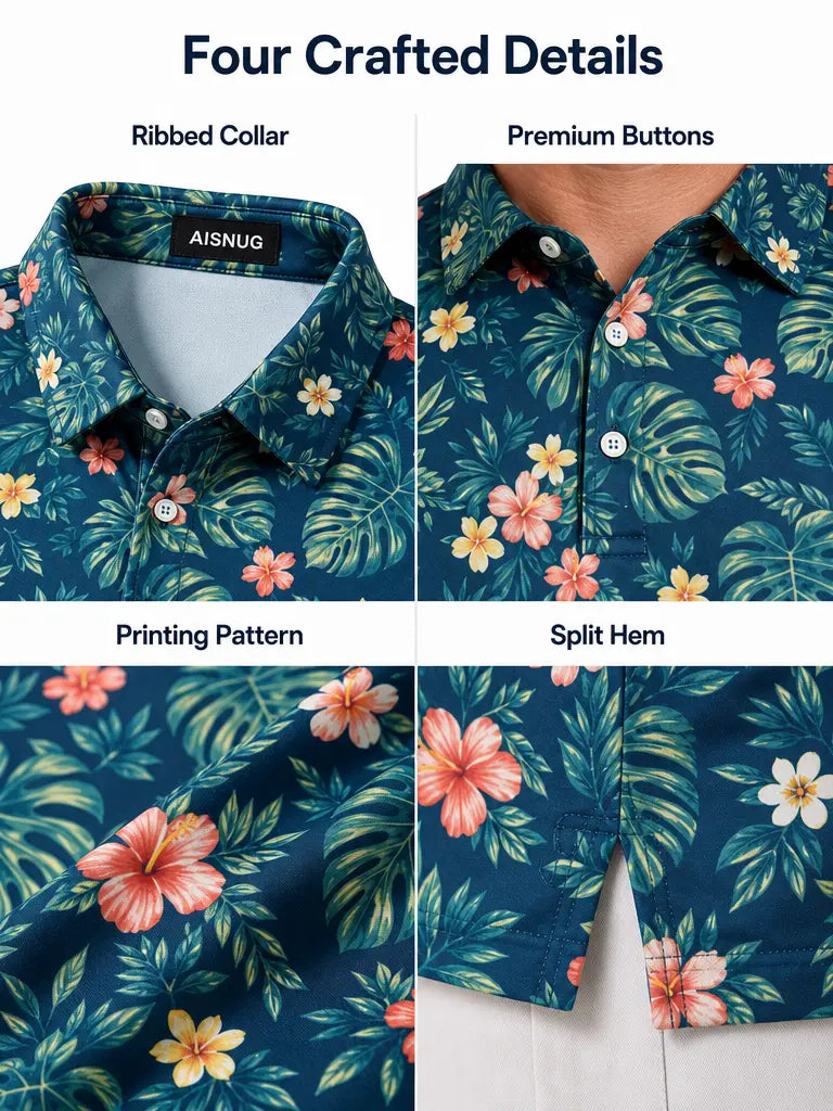 Hawaiian Monstera Floral golf polo: collar, placket, print and hem details