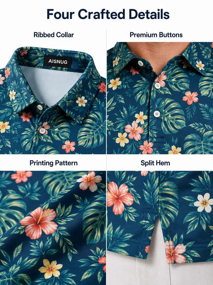 Hawaiian Monstera Floral golf polo: collar, placket, print and hem details