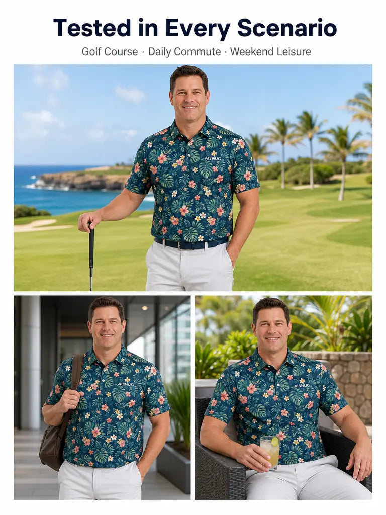Hawaiian Monstera Floral golf polo: lifestyle illustration