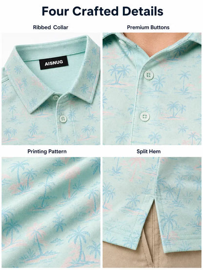 Pastel Coastal Island Palms golf polo: collar, placket, print and hem details