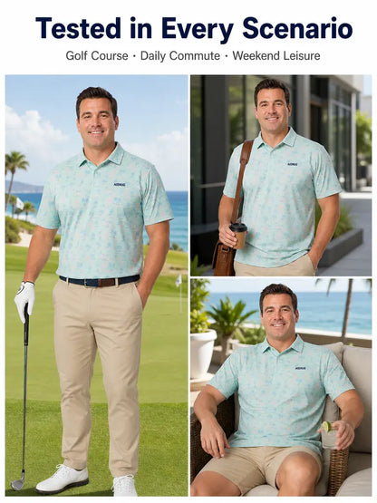 Pastel Coastal Island Palms golf polo: lifestyle illustration