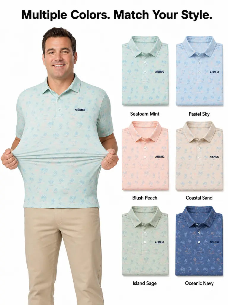 Pastel Coastal Island Palms golf polo: alternative colorway illustration