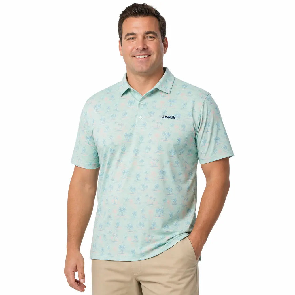 A pale mint short-sleeve polo with a subtle repeating palm pattern