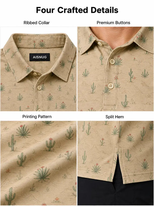 Scottsdale Desert Cactus golf polo: collar, placket, print and hem details