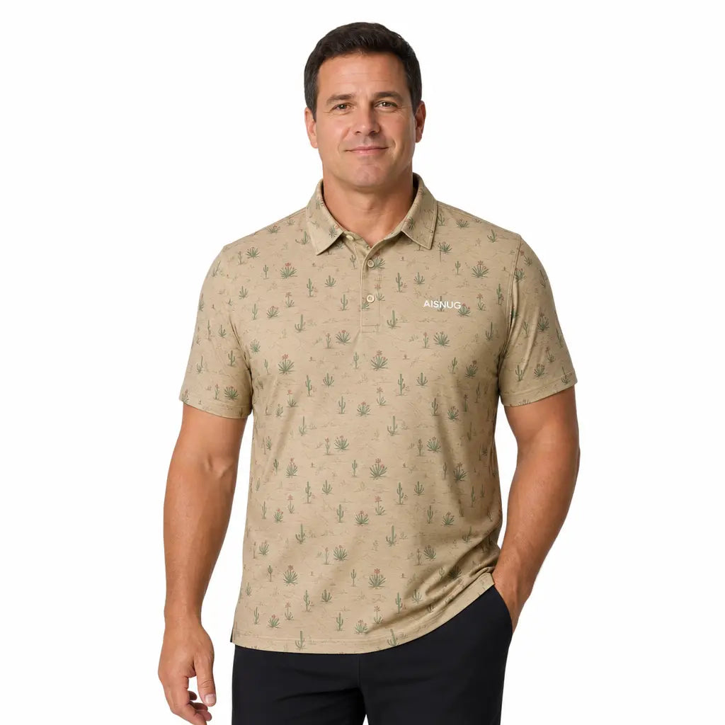 A sand-colored men’s polo with a repeating small green cactus print