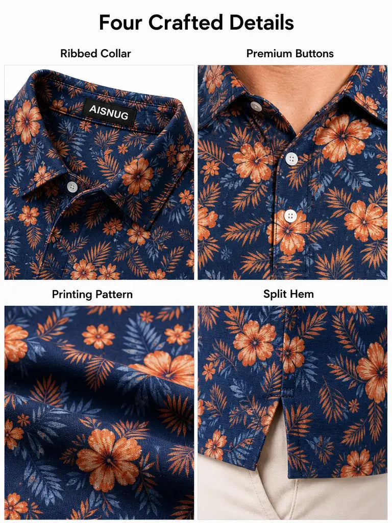 Sun-Kissed Hibiscus Floral golf polo: collar, placket, print and hem details