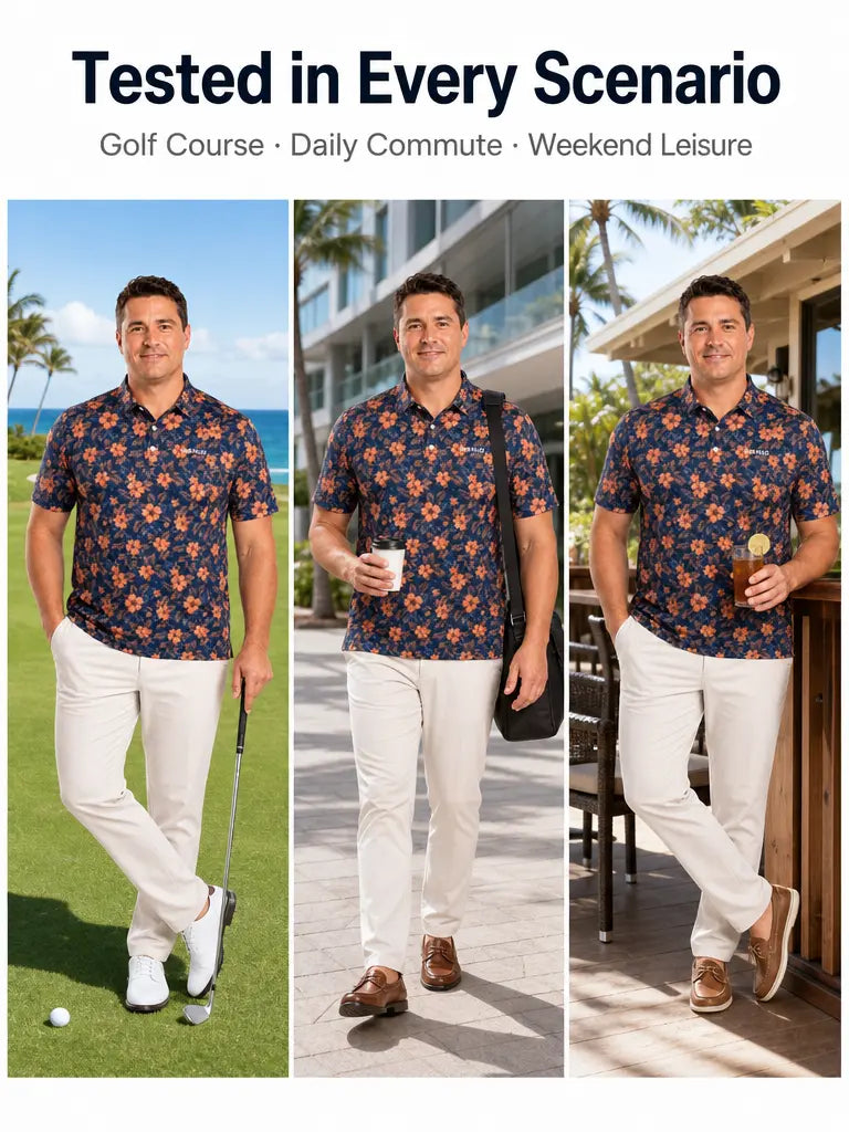 Sun-Kissed Hibiscus Floral golf polo: lifestyle illustration