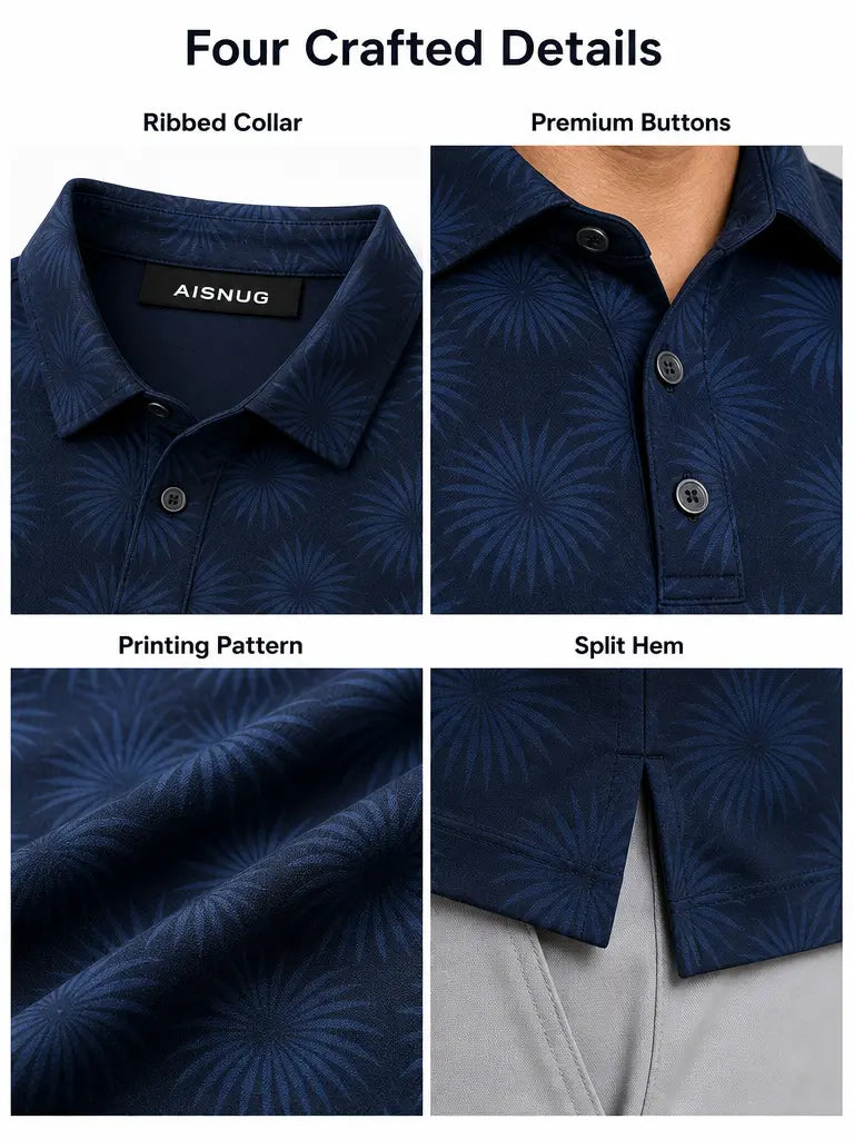 Tonal Midnight Palms golf polo: collar, placket, print and hem details