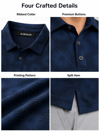 Tonal Midnight Palms golf polo: collar, placket, print and hem details