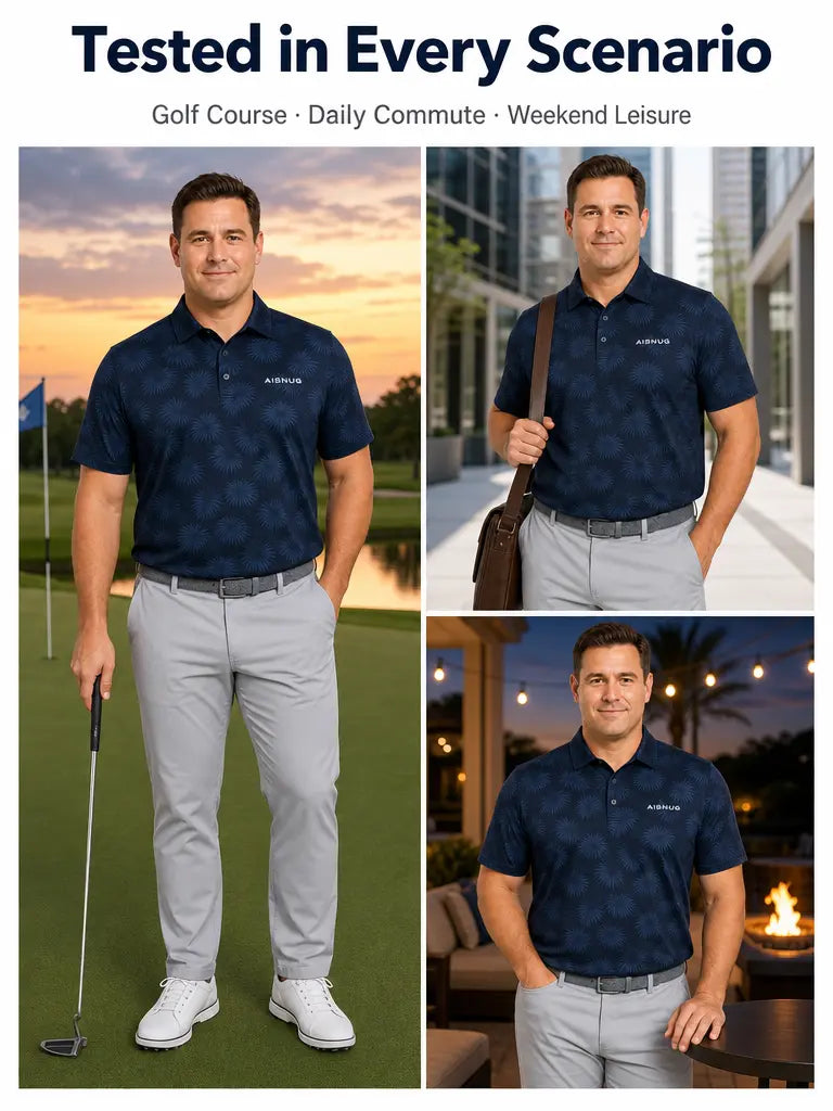 Tonal Midnight Palms golf polo: lifestyle illustration