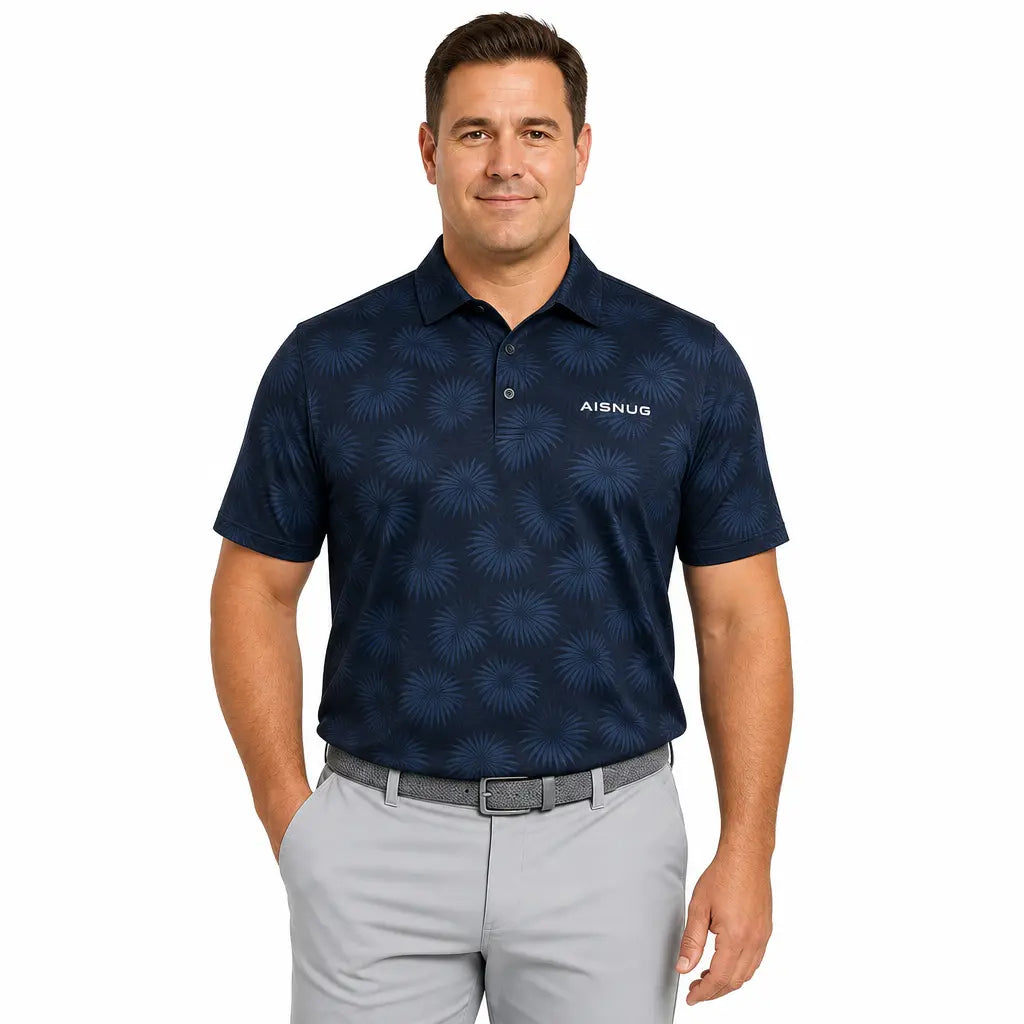 A dark navy polo with repeating tonal blue palm motifs