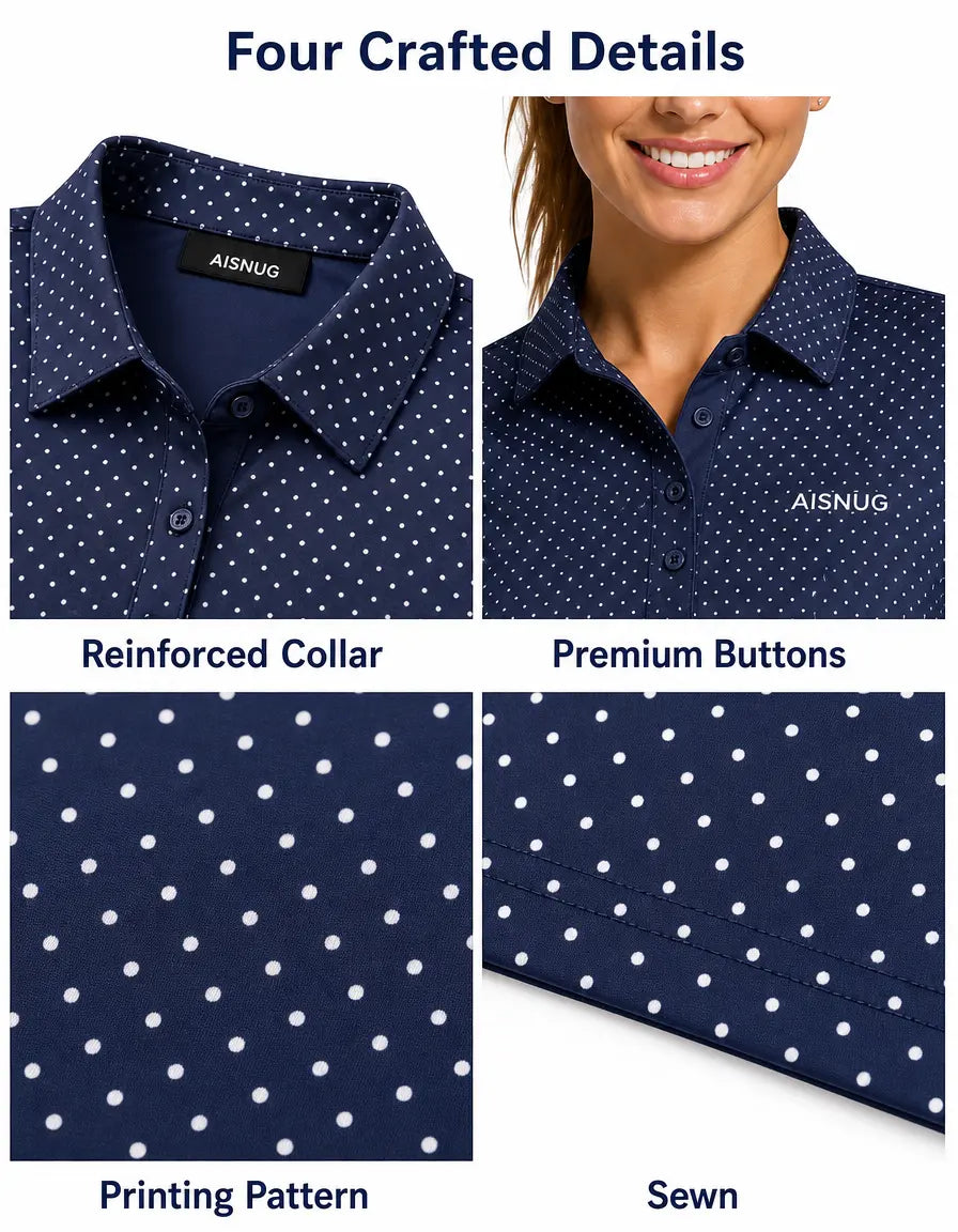 Classic Micro-Dot Print women’s polo collar, placket, print and seam details