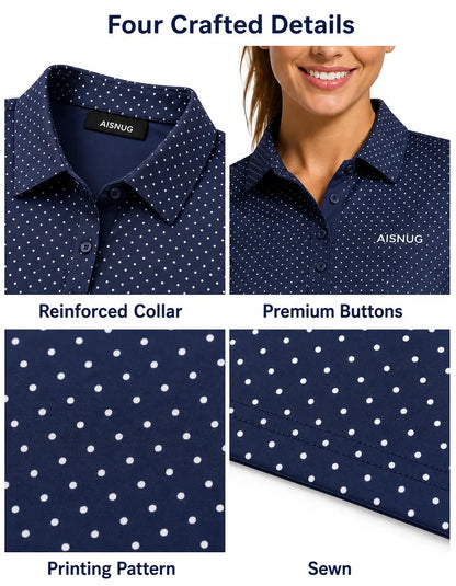 Classic Micro-Dot Print women’s polo collar, placket, print and seam details