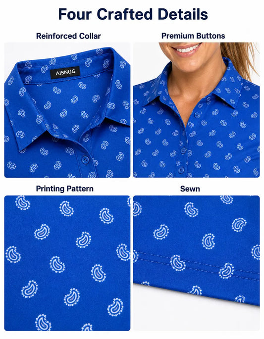 Cobalt Mini-Paisley Print women’s polo collar, placket, print and seam details
