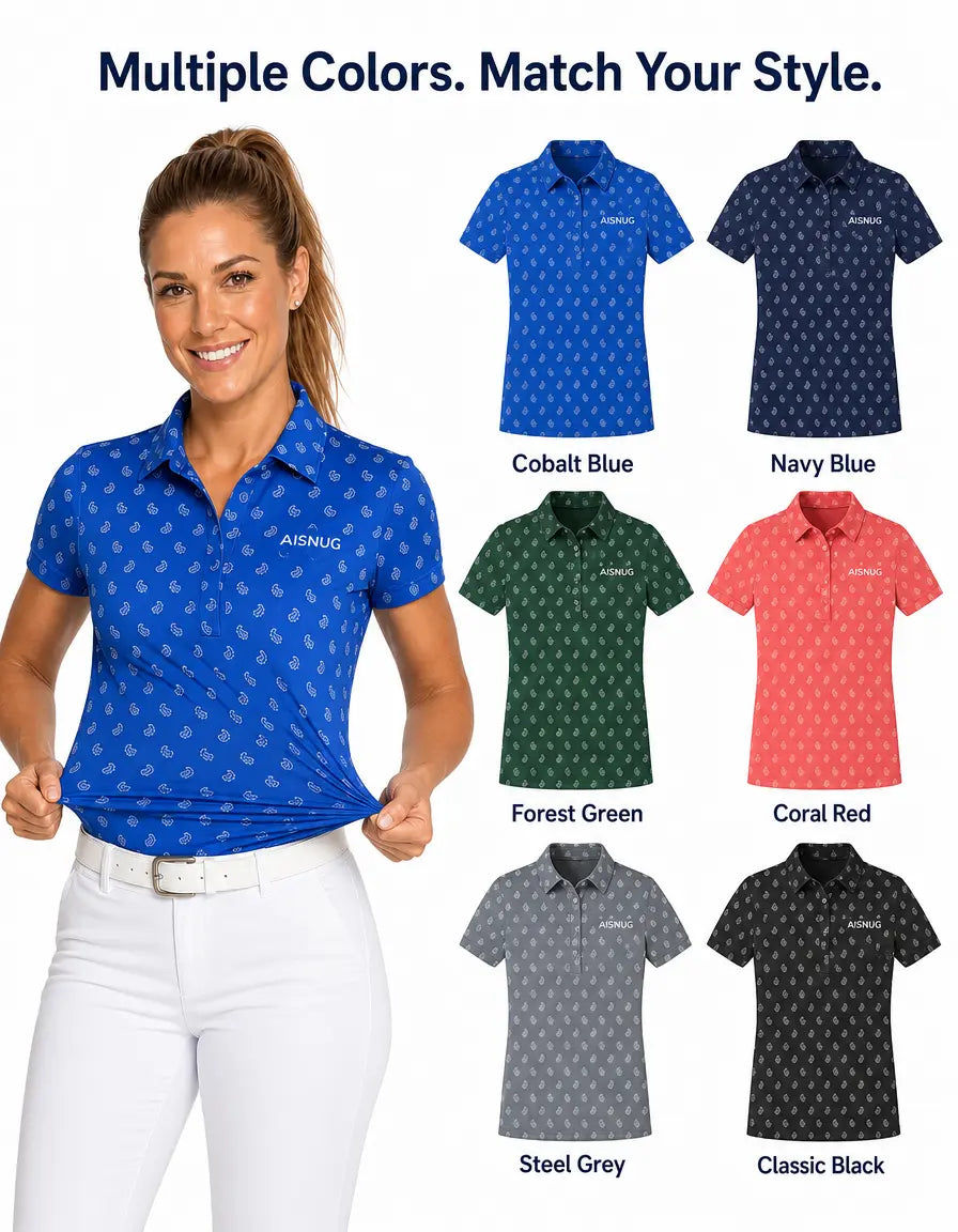 Cobalt Mini-Paisley Print women’s polo colorway references; availability confirmed by quotation