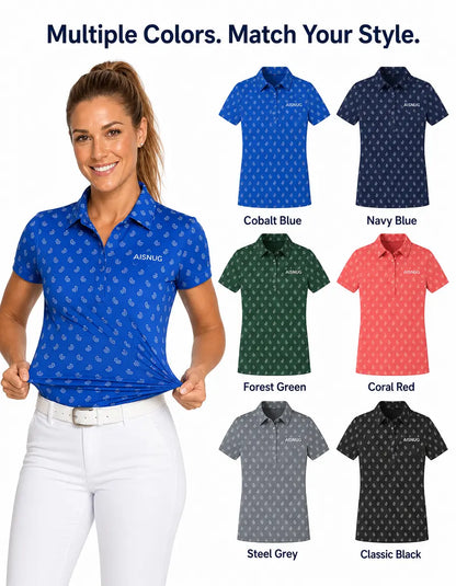 Cobalt Mini-Paisley Print women’s polo colorway references; availability confirmed by quotation