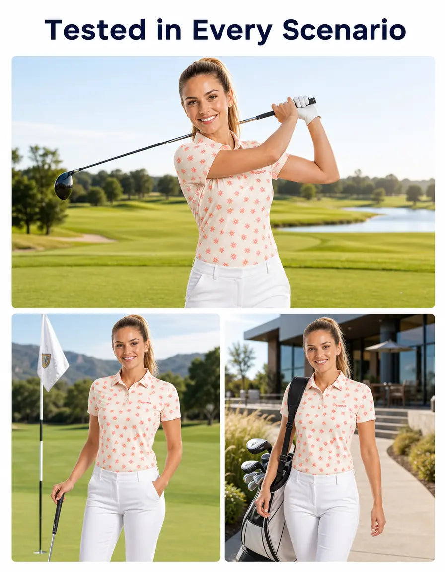 Coral Daisy Print women’s golf polo lifestyle illustration