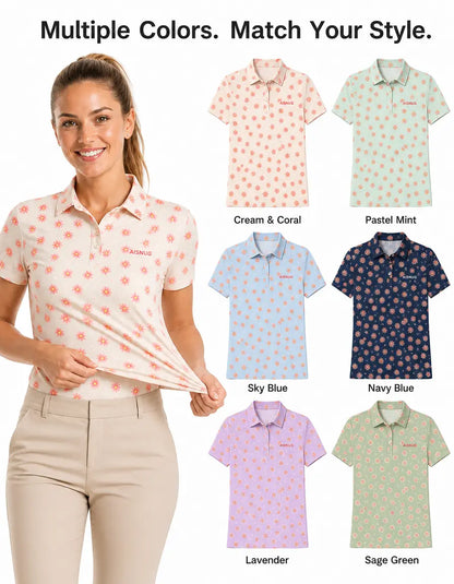 Coral Daisy Print women’s polo colorway references; availability confirmed by quotation