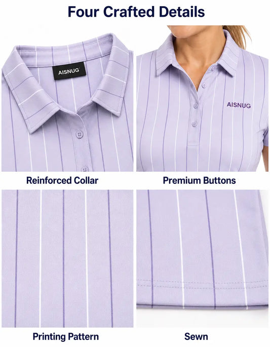 Lavender Pinstripe Print women’s polo collar, placket, print and seam details