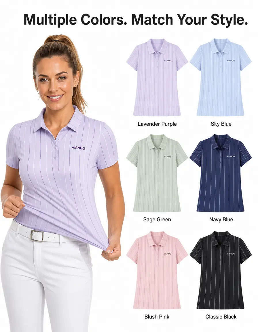 Lavender Pinstripe Print women’s polo colorway references; availability confirmed by quotation