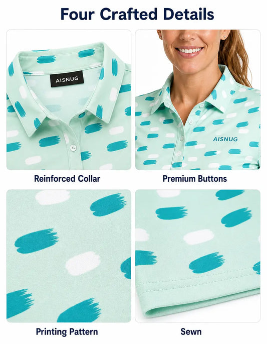 Mint Abstract Brushstroke Print women’s polo collar, placket, print and seam details