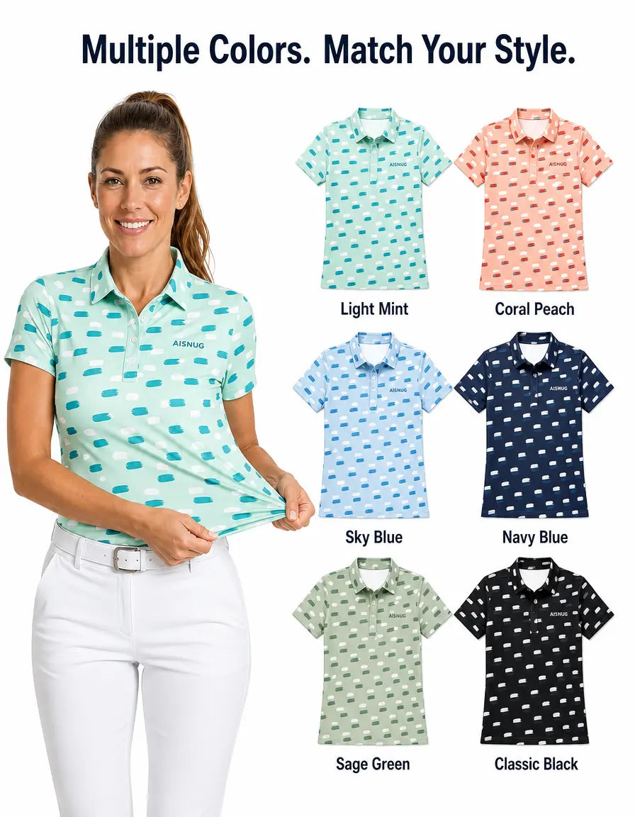 Mint Abstract Brushstroke Print women’s polo colorway references; availability confirmed by quotation