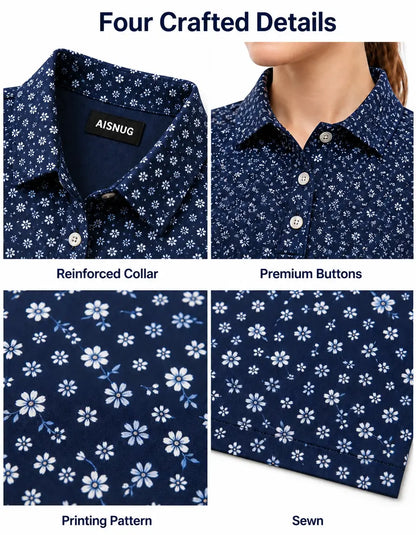 Navy Micro-Floral Print women’s polo collar, placket, print and seam details