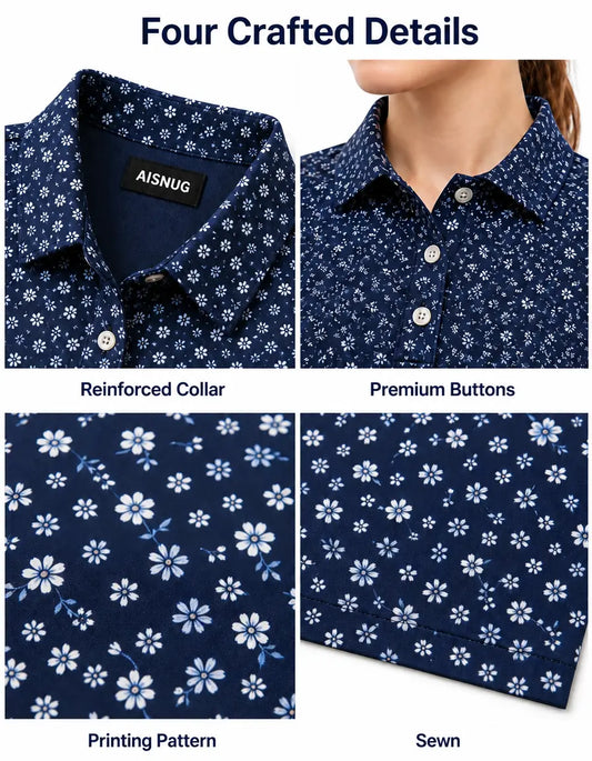 Navy Micro-Floral Print women’s polo collar, placket, print and seam details