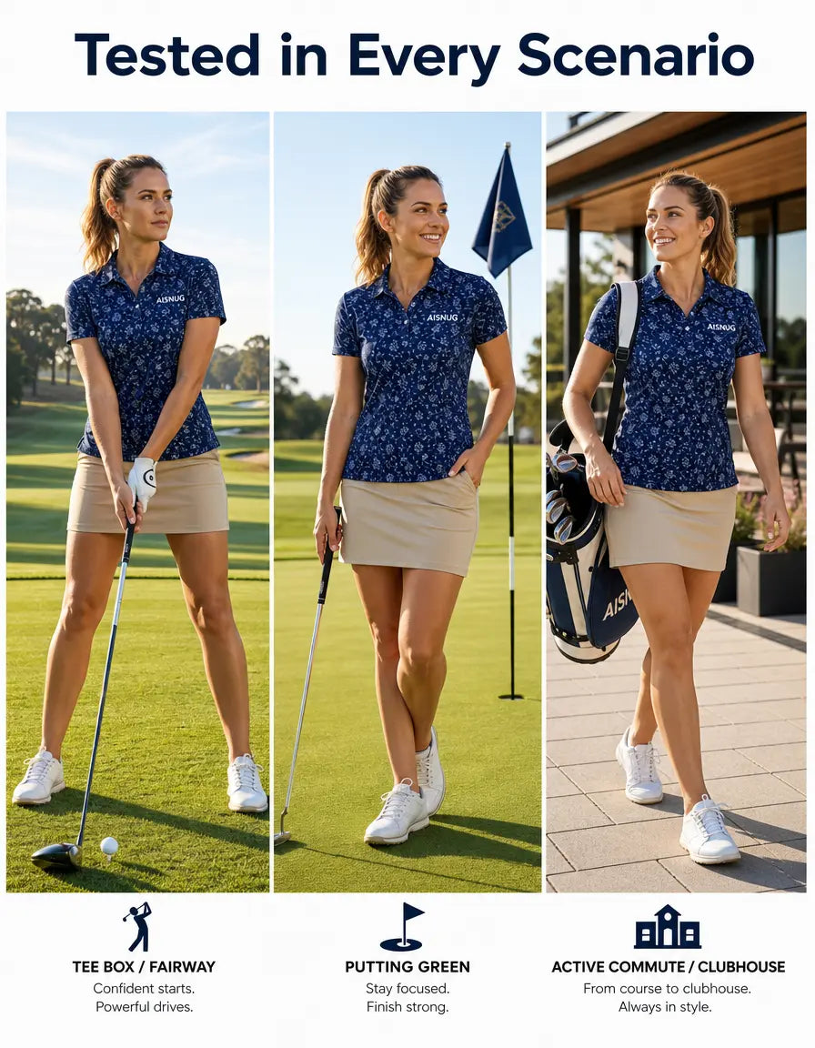 Navy Micro-Floral Print women’s golf polo lifestyle illustration