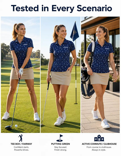 Navy Micro-Floral Print women’s golf polo lifestyle illustration