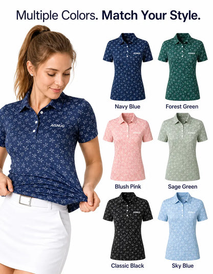 Navy Micro-Floral Print women’s polo colorway references; availability confirmed by quotation