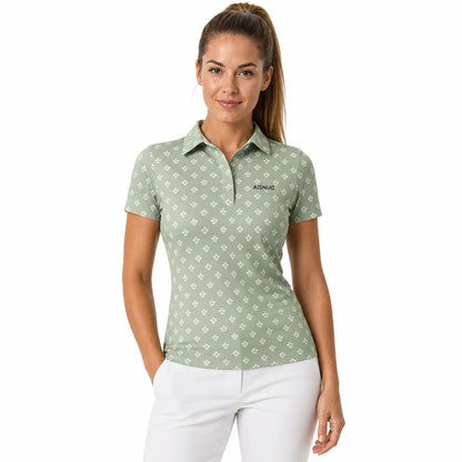 Sage Geometric Blossom Print women’s short-sleeve golf polo front view