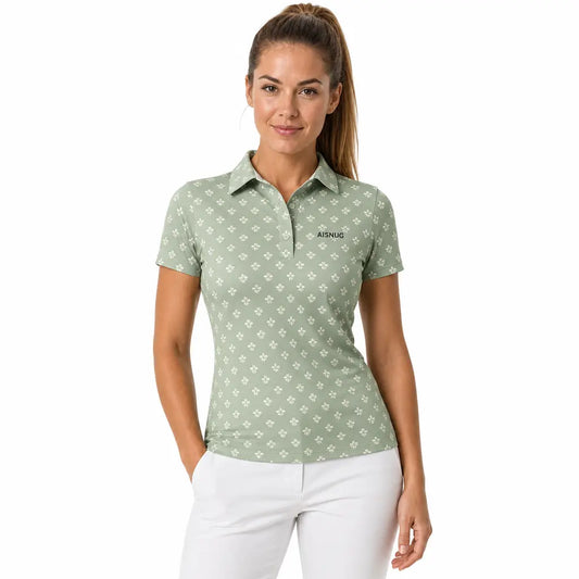 Sage Geometric Blossom Print women’s short-sleeve golf polo front view