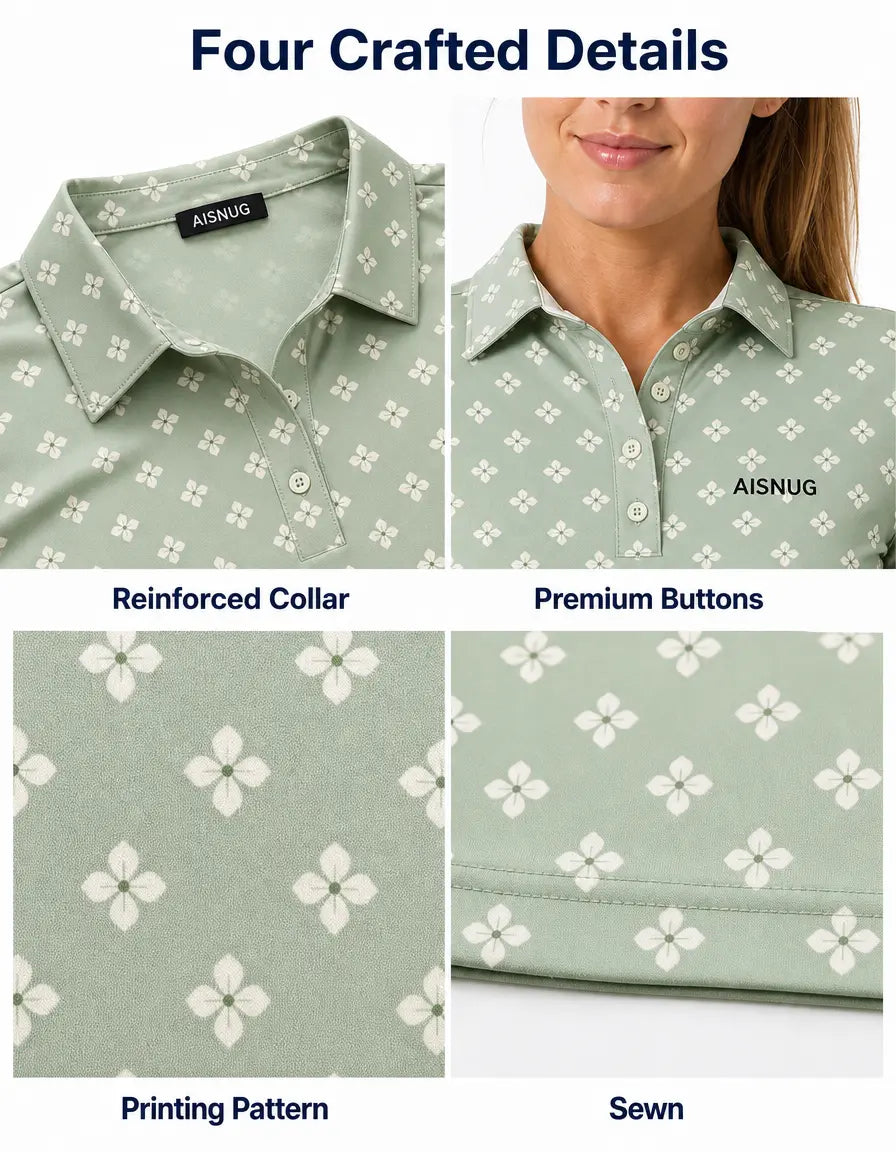 Sage Geometric Blossom Print women’s polo collar, placket, print and seam details