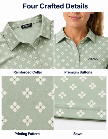 Sage Geometric Blossom Print women’s polo collar, placket, print and seam details